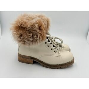 Overland Cream Leather Fur Trim Lace Up Combat Boots Made in Portugal Size 38